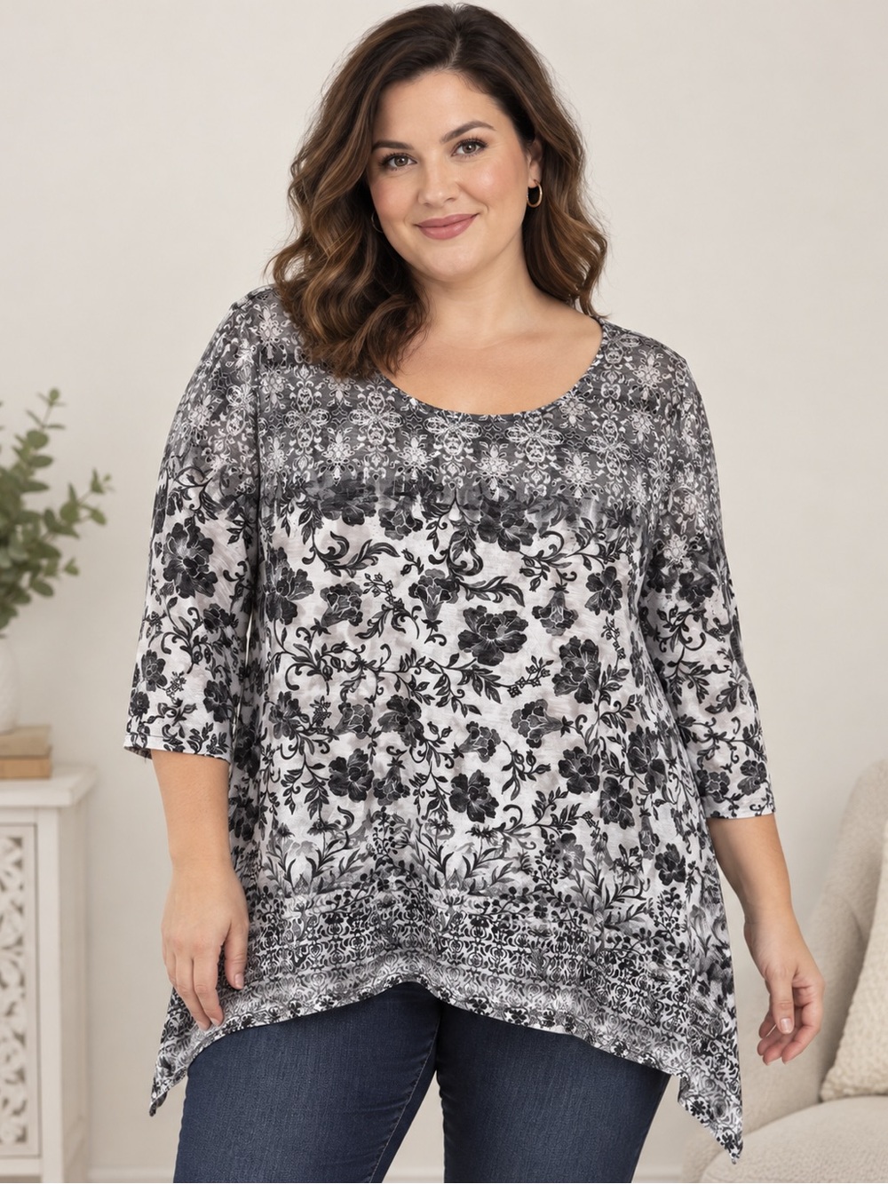 Plus Size Floral Scoop Neck Top in Black and White